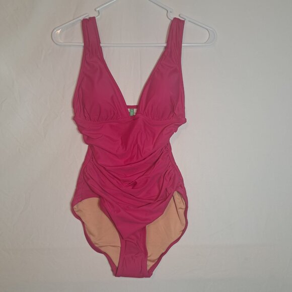 NWT J. Crew Long-Torso Ruched V-Neck One-Piece Swim Radiant Fuchsia Pink Size 4 - Picture 4 of 11